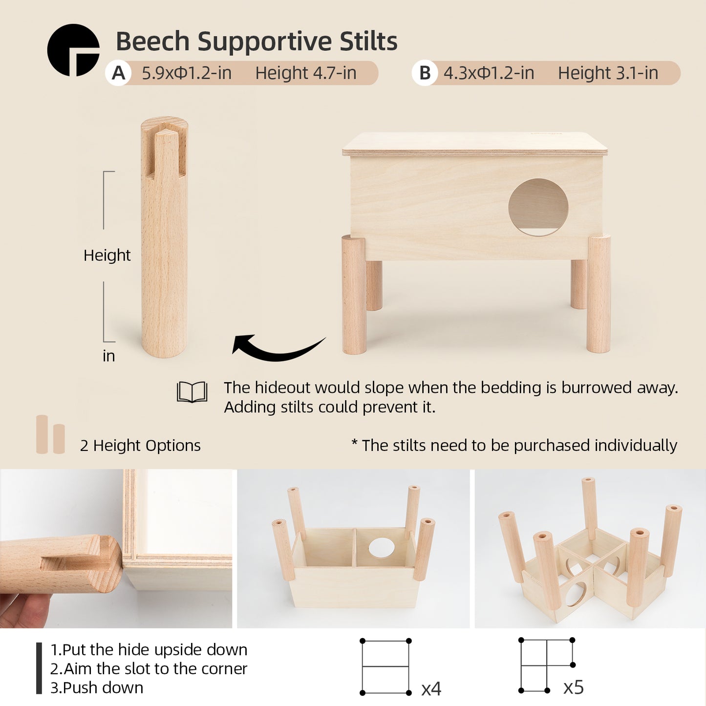 Niteangel Set of Beech Stilts for Elevating & Safely Setting Multi-Chamber Series Maze House